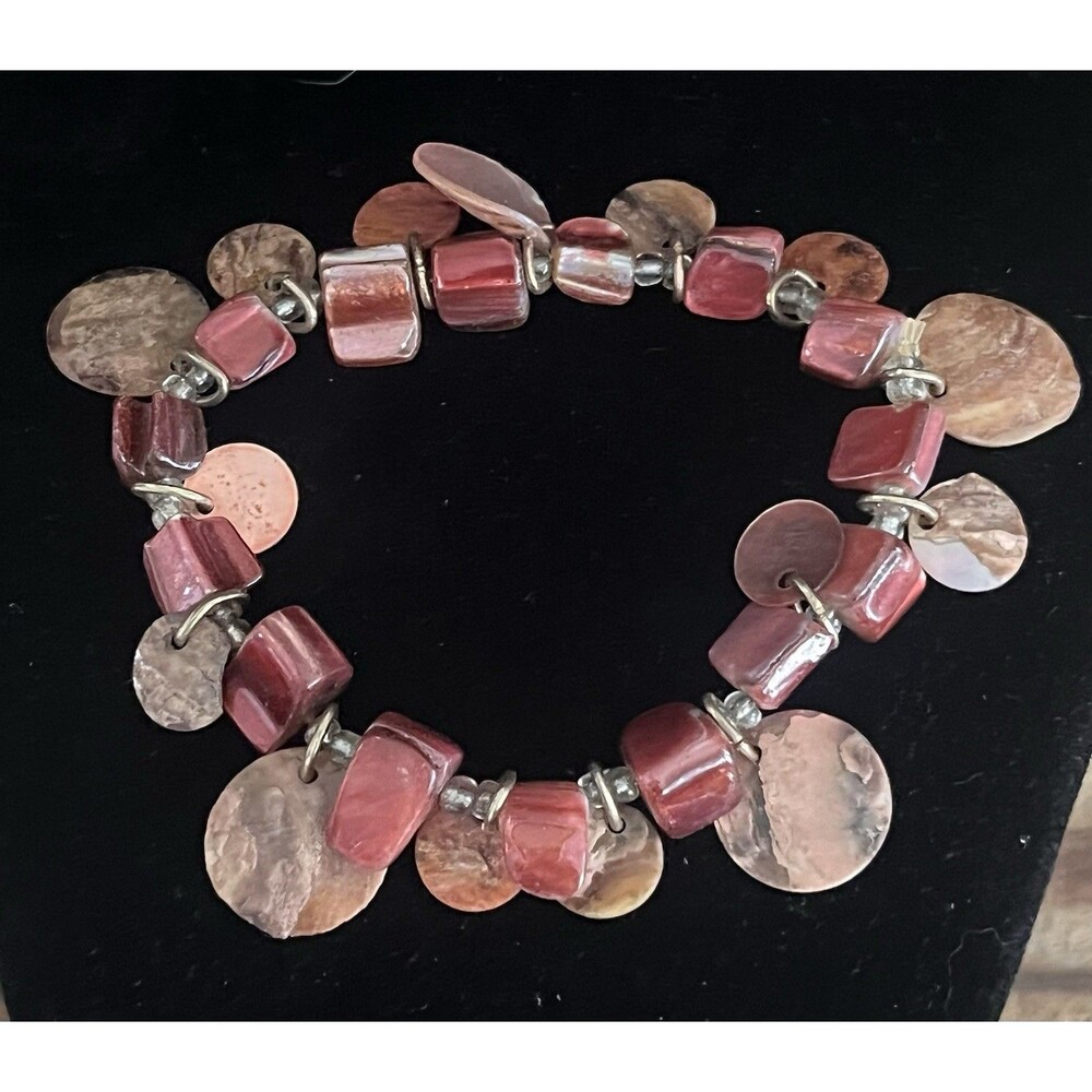 Rhodochrosite Rose Pink Abalone Shell Bead Silver Statement Stretch Bracelet Y2K